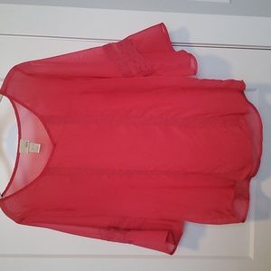 Daytrip sz L coral sheer top, bell sleeves, embroidery accents.